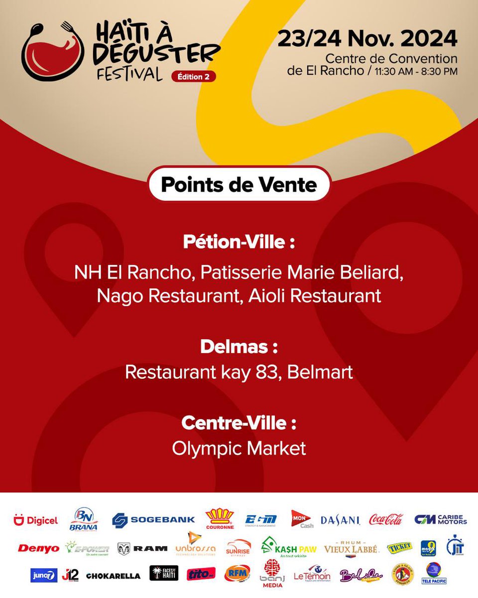 TICKETmaghaiti's tweet photo. *Flash!!!* 7 points de vente seront disponibles pour les billets de Haiti À Déguster partir du *1er Octobre*. Le rendez-vous sera au Centre de Convention de EL Rancho les samedi 23 et dimanche 24 Novembre 2024 pour ce festival culinaire.
.
🚗🌟 #hadfest #🍽️🇭🇹 #HaïtiÀDéguster #GagnezEnParticipant @hadfestival