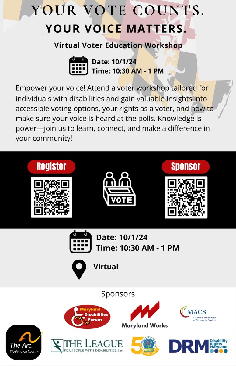 MdDDCouncil's tweet image. The 2024 election is less than 6 weeks away! Join the Maryland Disabilities Forum and their partner organizations for a virtual voter education workshop. 

The virtual event is next Tuesday, October 1 from 10:30 am to 1 pm. 

Register at forms.zohopublic.com/marylandworksi…