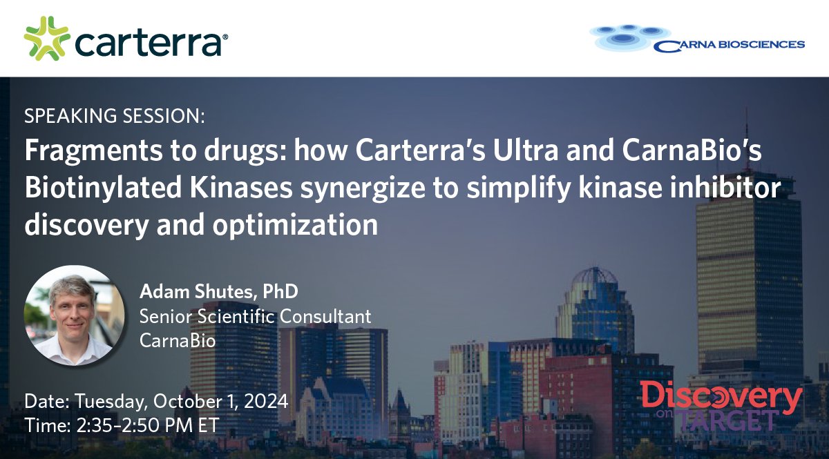 carterra_bio's tweet photo. Don't miss this presentation by Dr. Adam Shutes at #BostonDOT24 on how the exquisite sensitivity of #Carterra’s new #Ultra #HTSPR platform and #CarnaBio’s biotinylated #kinases enabled a fragment screen against over 100 kinases, generating 125,000 interactions in just 3 days! https://t.co/a4gBLtV2kG