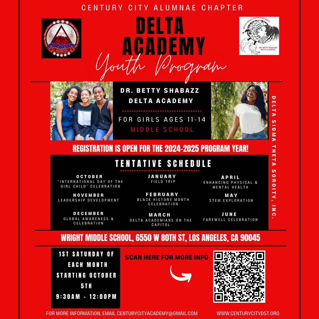 Century City's Dr. Betty Shabazz Delta Academy is ready for the start of an amazing program year. The program meets the first Saturday of each month at Orville Wright Middle School, from 9:30a-12:00p. 📝Our kick-off meeting is Oct. 5. Use the barcode to sign up.