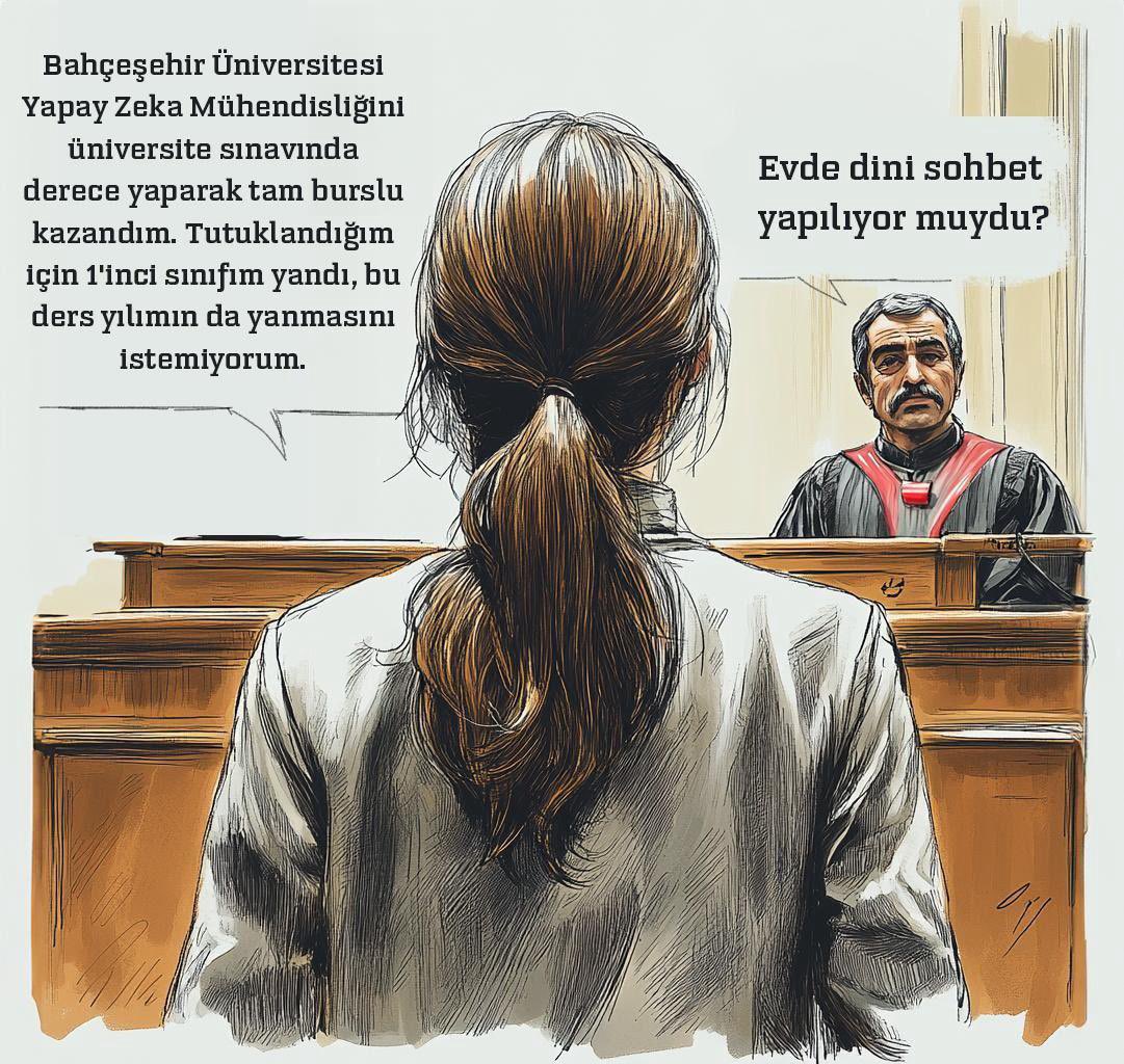 Yapay Zeka Mühendisliği Bölümü’nü dereceyle kazan kız öğrenciye; “evde dini sohbet yapıyor musunuz” diye soran hakim. 

Yapay zeka öğrencisini,
geri zekalılar sorguluyor.  

#KızÇocuklarıDavası