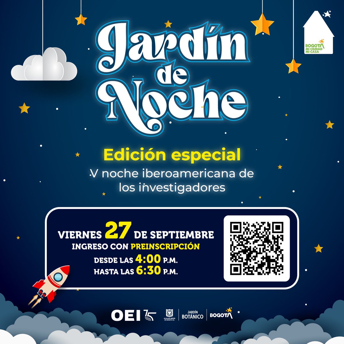 ¡Lo que tanto esperabas ha llegado! ¡Disfruta del Jardín de Noche! Escanea el QR e inscríbete cuanto antes, ya que los cupos son limitados.

⚠️ Importante: si el clima no acompaña, la actividad podría ser reprogramada.

#BogotáMiCiudadMiCasa