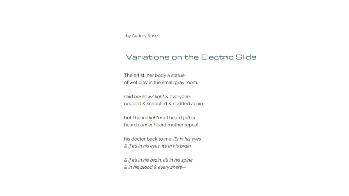 GoodRiverReview's tweet image. HUGE congrats to Issue 7 contributor Audrey Rose, whose poem "Variations on the Electric Slide" will be published in the 2024 @BestNewPoets anthology! Read the full poem here: goodriverreview.com/post/audreyrose