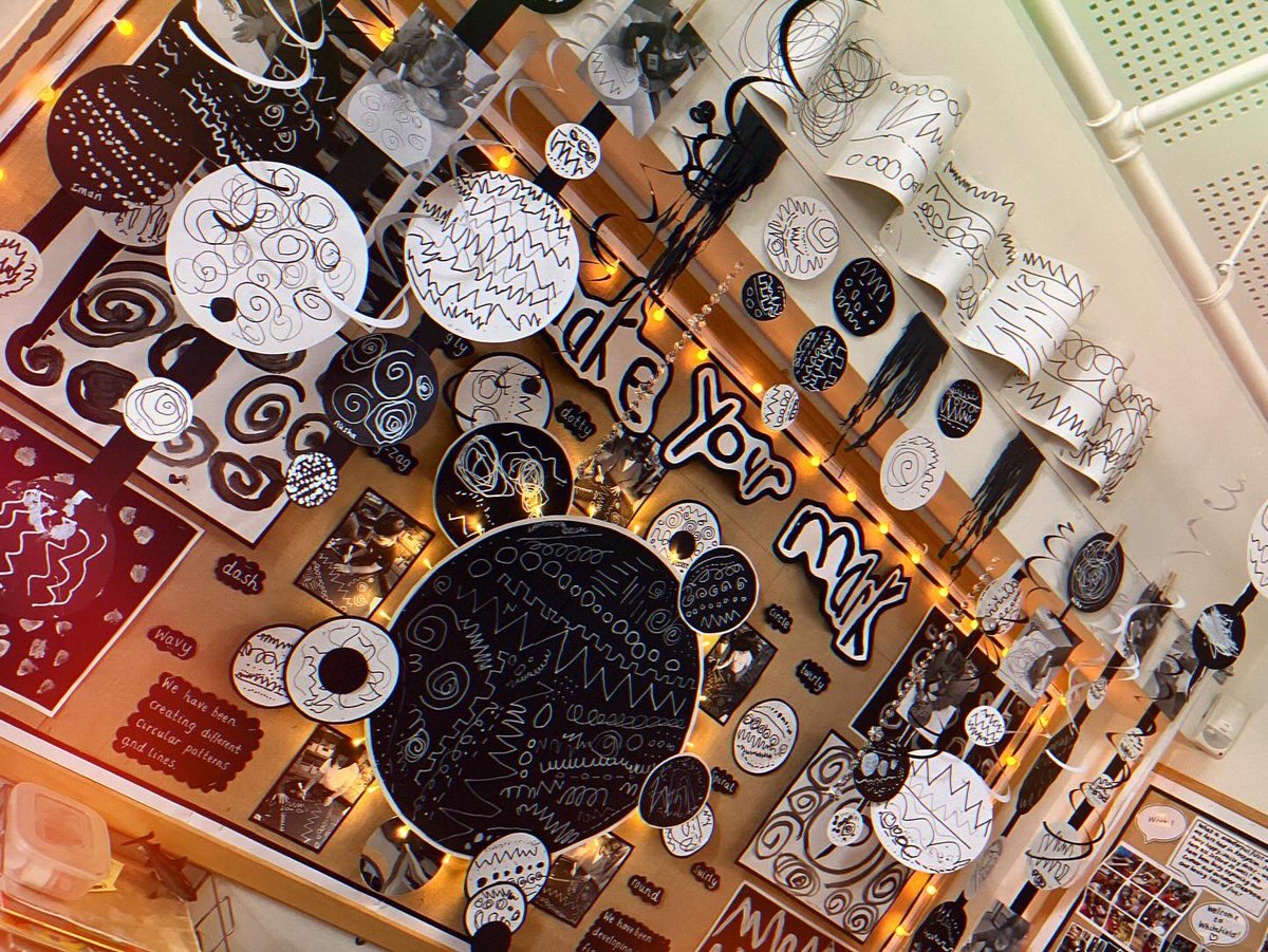 JennyPennys's tweet image. Early mark making display inspired by a visit to @LittleKingfish1 before the Summer. Thank you for some lovely ideas #eyfs #eyfsdisplay #markmaking