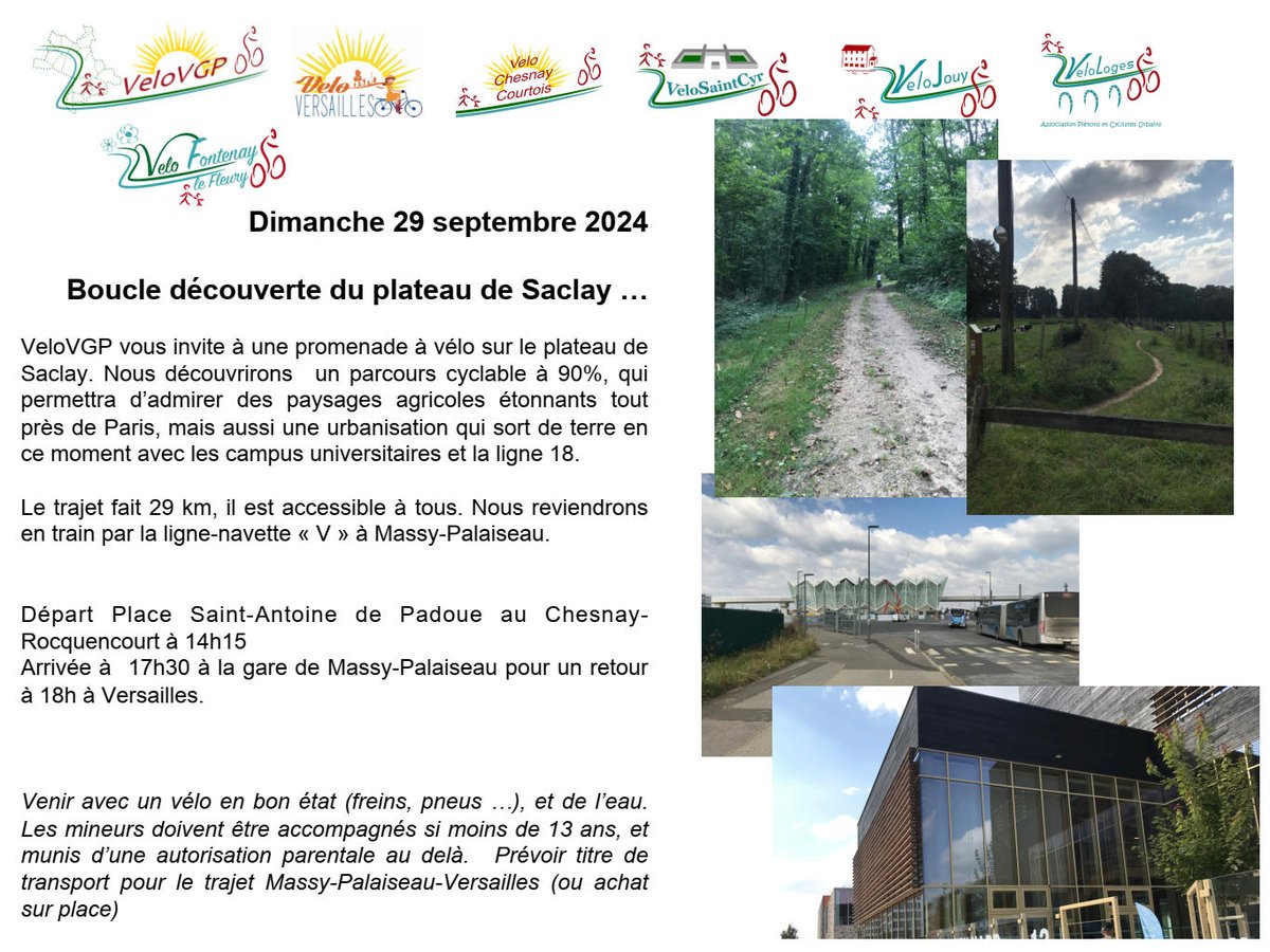 VeloVersailles's tweet photo. 🚴‍♂️ VeloVGP vous invite à une sortie à vélo sur le plateau de Saclay.
📅 Dimanche 29/09, départ 14h30 de l'Hôtel de Ville de Versailles.
📏 29 km, accessible à tous.
🚆 Retour en train (ligne-navette "V") à 17h30.
🌿 Paysages agricoles + nouveaux projets (ligne 18, campus). https://t.co/ghj7QE4IqH