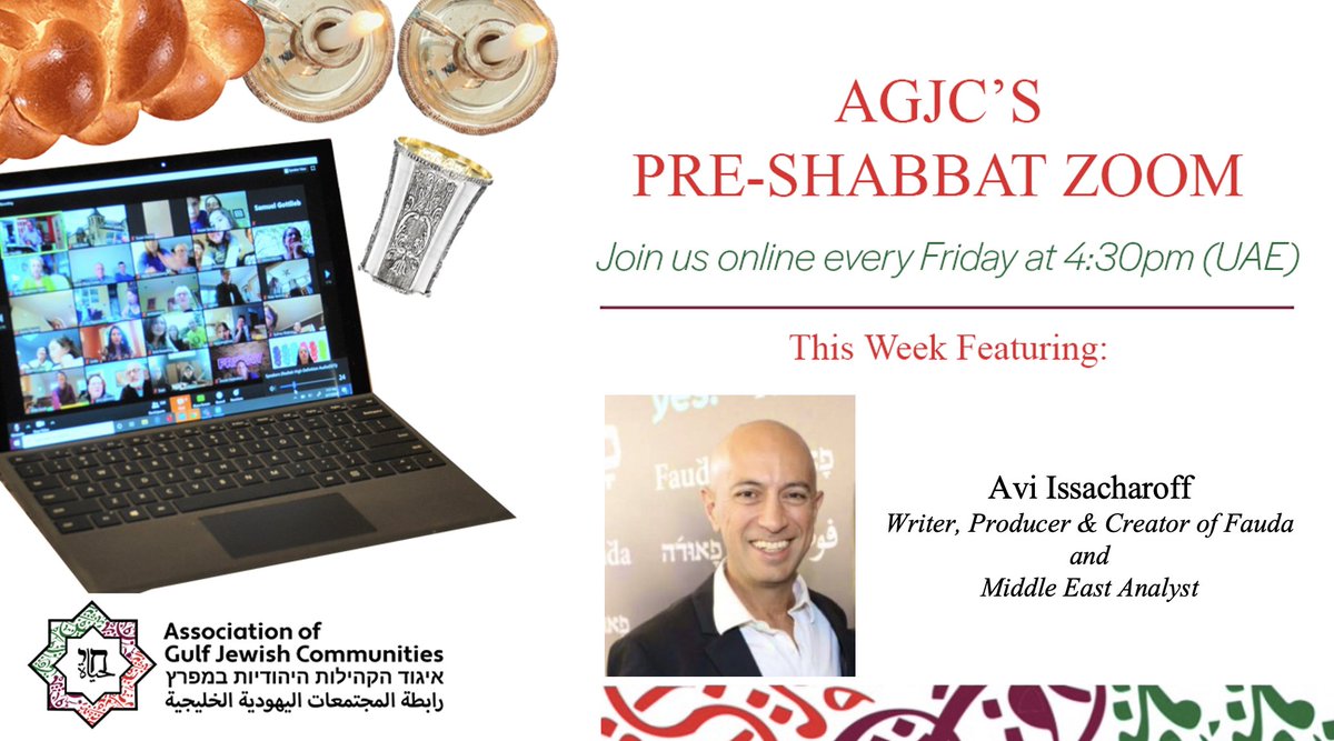 Join us tomorrow for our pre-Shabbat Zoom! 
Our featured guest will be <a href="/issacharoff/">avi issacharoff</a>, writer, producer &amp; creator of <a href="/FaudaOfficial/">Fauda Official</a>, and #MiddleEast analyst, who will speak abt the reaction to #Fauda in the Arab countries as well as about his upcoming projects. DM for Zoom details