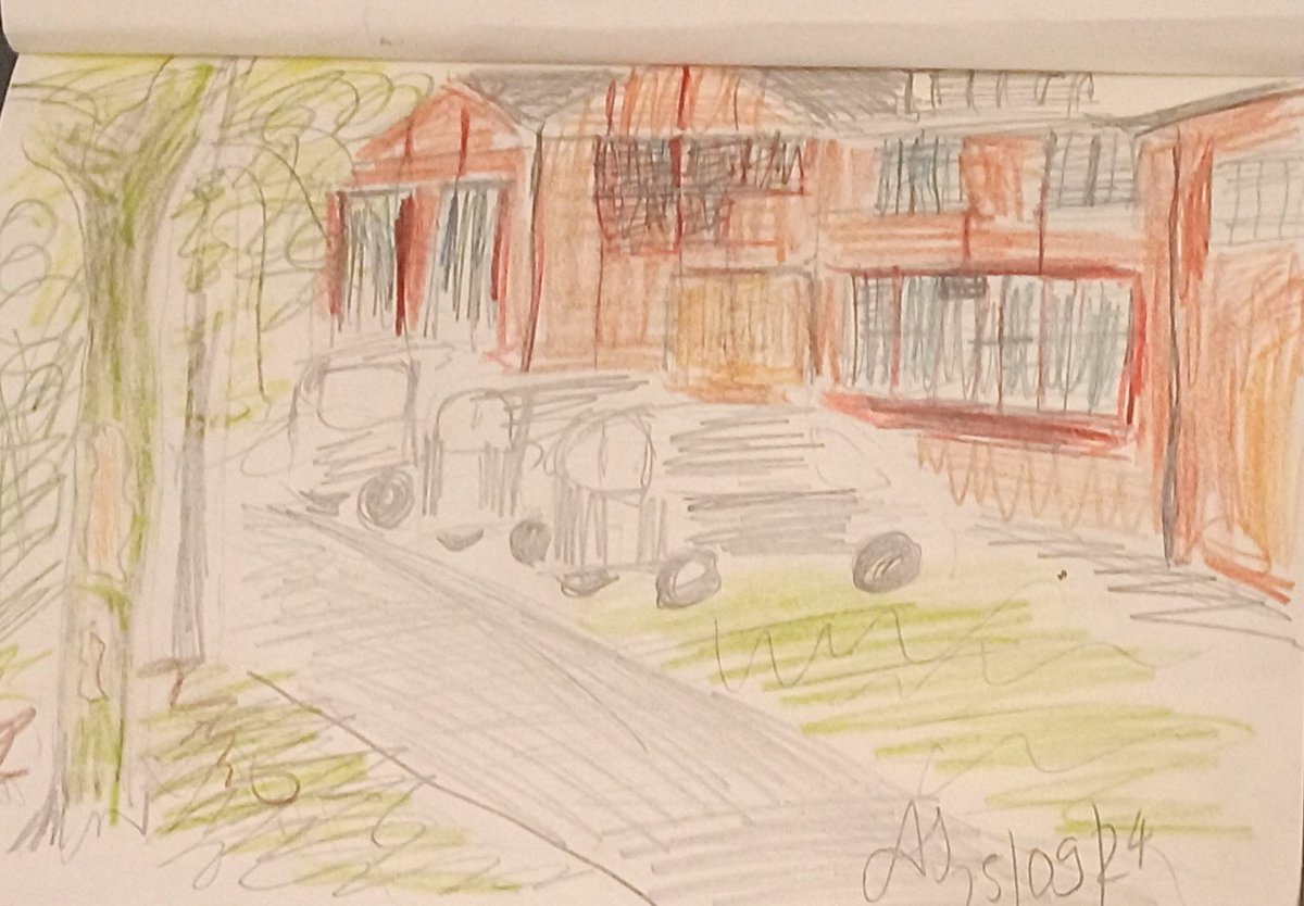 The rain makes it difficult to sketch outside and you have to be quick, so this looks rushed: an old Industry building next to new cars: