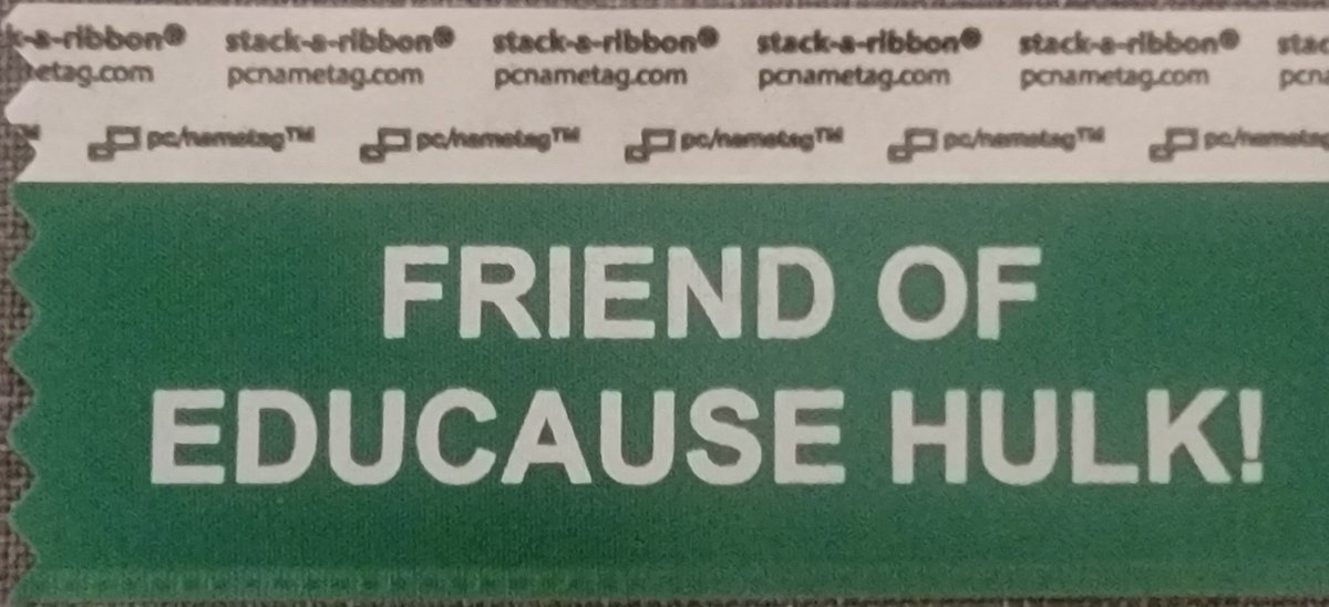 EDUCAUSE HULK GOT RIBBON FOR #EDU23! THEN COULD NOT GO!  EDUCAUSE SHE-HULK DELIVER RIBBON AT#EDU23! THIS TIME WHITE TEXT ON DARK GREEN RIBBON!

ONE MORE RIBBON BEFORE PREMIERE OF #EDU24 RIBBON!