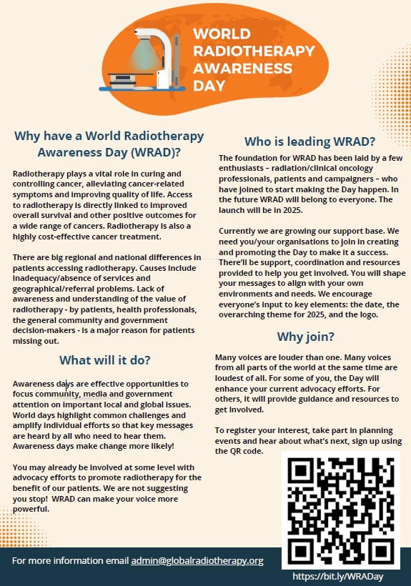 World Radiotherapy Awareness Day is coming soon. We need your support and ideas to reach as many people as people. Access to radiotherapy is directly linked to improved overall survival. 
✉️admin@globalradiotherapy.org 
🔗bit.ly/WRADay
<a href="/GlobalRTCo/">The Global Coalition for Radiotherapy</a> <a href="/WorldSIOP/">SIOP International</a> @CCLG_UK
