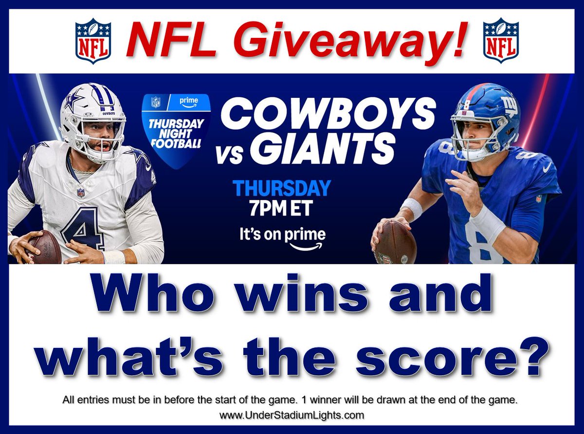 ⭐️Thursday Night Football #Giveaway!⭐️

To enter to win an #NFL  team prize pack: 

1⃣ Follow <a href="/StadiumLites/">Under Stadium Lights</a>
2⃣ Repost
3⃣ Reply with your score prediction

1 winner will be drawn after the game. Thanks and good luck!🏈😎