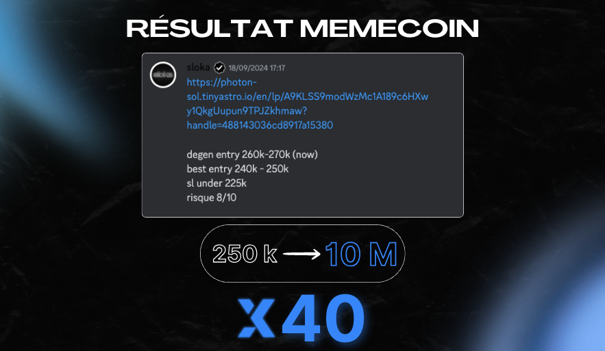 X 40 SUR UN MEMECOIN CHEZ NEXUS

👨‍💻 Récemment, notre expert Sloka a fait un call sur le memecoin $PESTO.

📊 Le token a été appelé à 250k de market cap avec un ATH à 10M.

🚀Il était donc possible de multiplier son capital initial par 40.
