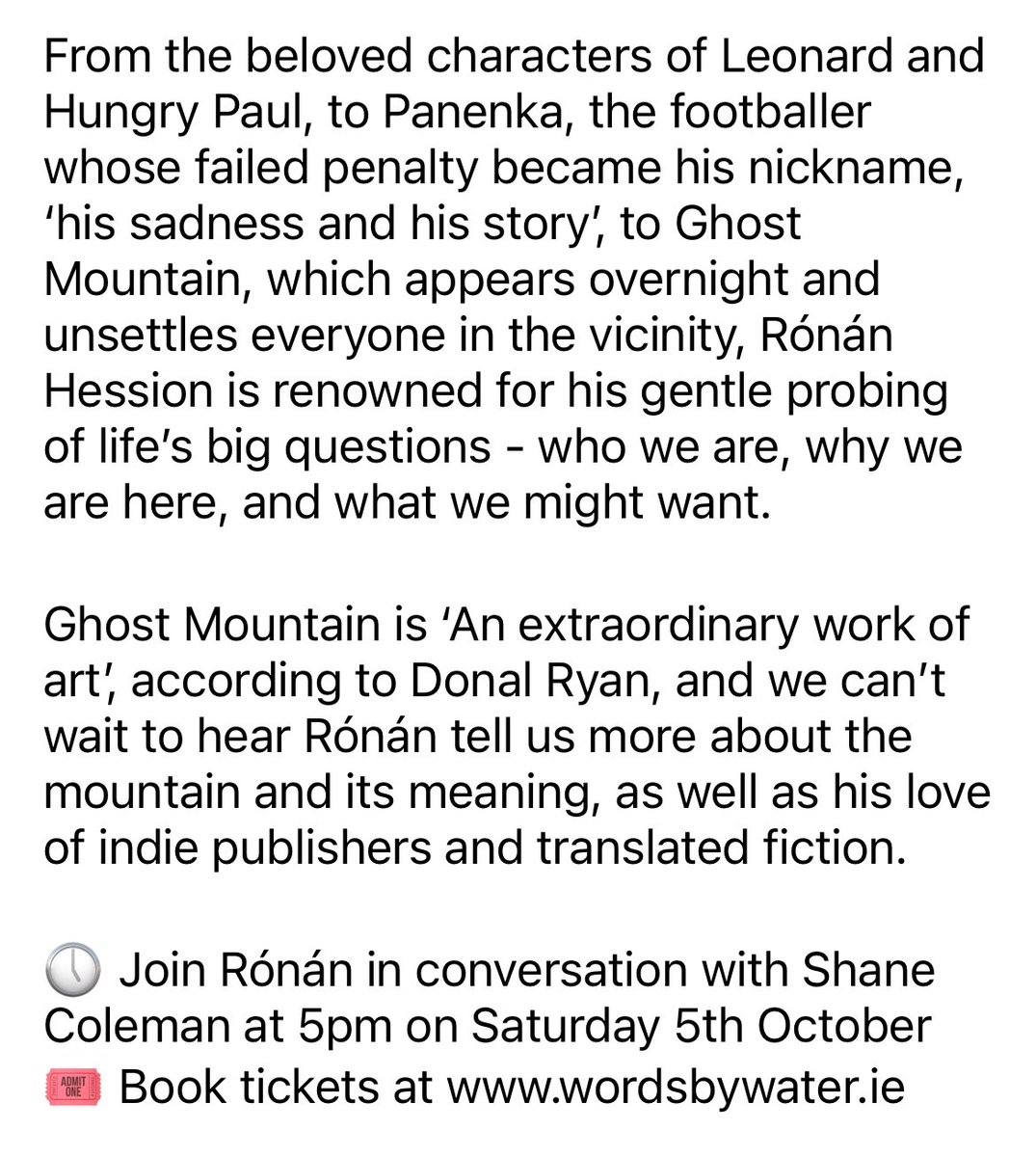 Join Rónán in conversation with Shane Coleman in Kinsale 5pm on Saturday 5th October
Book online at wordsbywater.ie
