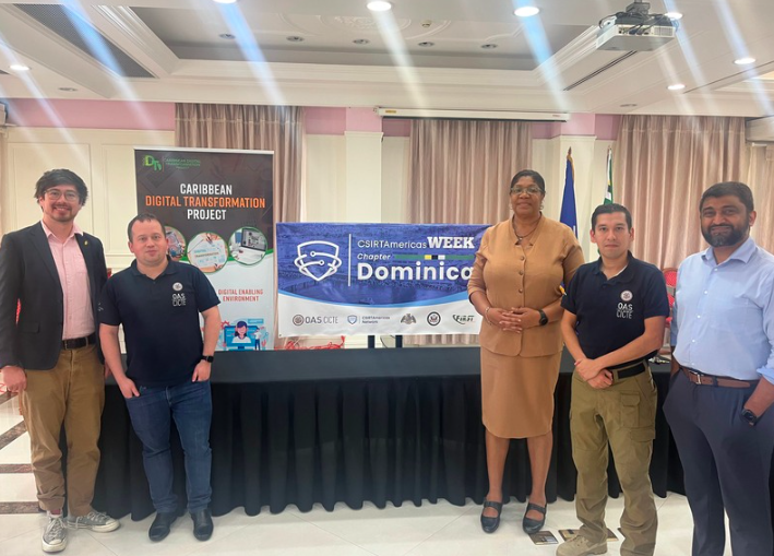 OEA_Cyber's tweet photo. The #CSIRTAmericas team, @a_Klee and @vamankini from @FIRSTdotOrg, trained professionals from #Dominica #Day2 of the #CSIRTAmericasWEEK🇩🇲:

✅#Cybersecurity Incident Management
✅Exposure Surface Analysis
✅Technological tools of a #CSIRT
✅Communications management https://t.co/KRDjS4HSKs