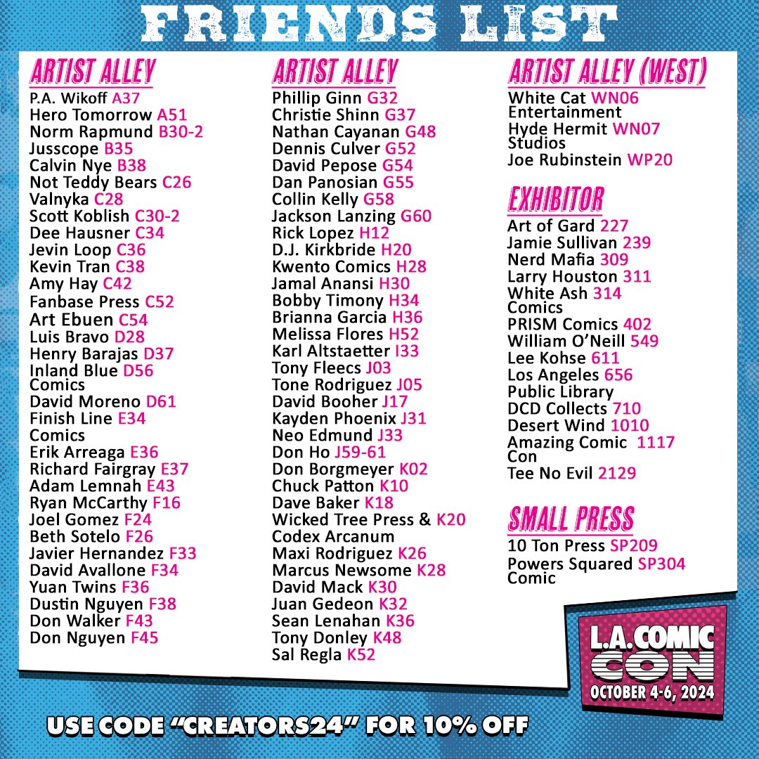 Locations may change but here is the most recent update to my #Friendslist for <a href="/comicconla/">Los Angeles Comic Con</a> !

Need Tix? Use code CREATORS24 for 10% off
showclix.com/tickets/LACC20…
