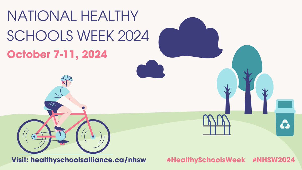 CdnSchoolHealth's tweet photo. SAVE THE DATE!

The National Healthy Schools Week 2024 will take place from October 7th – 11th, 2024!

Join #NHSW2024 to prioritize, plan, and engage in #HealthySchools discussions at the start of the school year! ❤️🌱🚲

Register your school: https://t.co/RsCTBhREIz https://t.co/feAkSj8w00