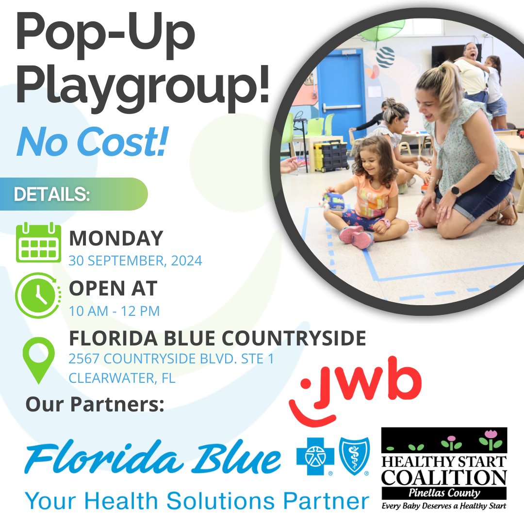 Come join us for this fun, interactive, and engaging pop-up event at no cost! This series for children from birth to age 3 will include:
Register today: tinyurl.com/4xdny2fa
Thank you to our generous partners <a href="/FLBlue/">Florida Blue</a> <a href="/JWBPinellas/">Juvenile Welfare Board</a>, Healthy Start Coalition of Pinellas!