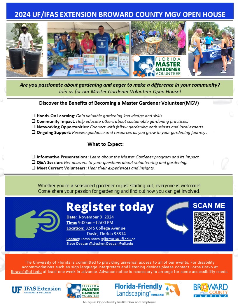🌱 Passionate about gardening? 🌱Make a difference in your community! Join us, Nov. 9 for the Broward County Master Gardener Volunteer Open House.
ttps://www.eventbrite.com/e/2024-ufifas-extension-broward-county-master-gardener-volunteer-open-house-tickets-1013280407977