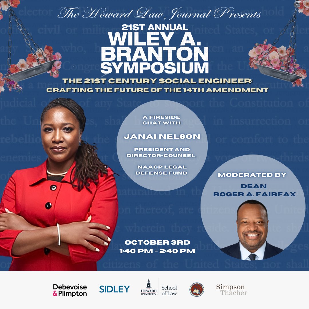 Join the Howard Law Journal from 1:40-2:40pm on Oct 3rd for a fireside chat between Janai Nelson, President &amp; Director-Counsel of <a href="/NAACP_LDF/">Legal Defense Fund</a> and Dean Fairfax at The 21st Annual Wiley A. Branton Symposium. 

#BrantonWeek2024