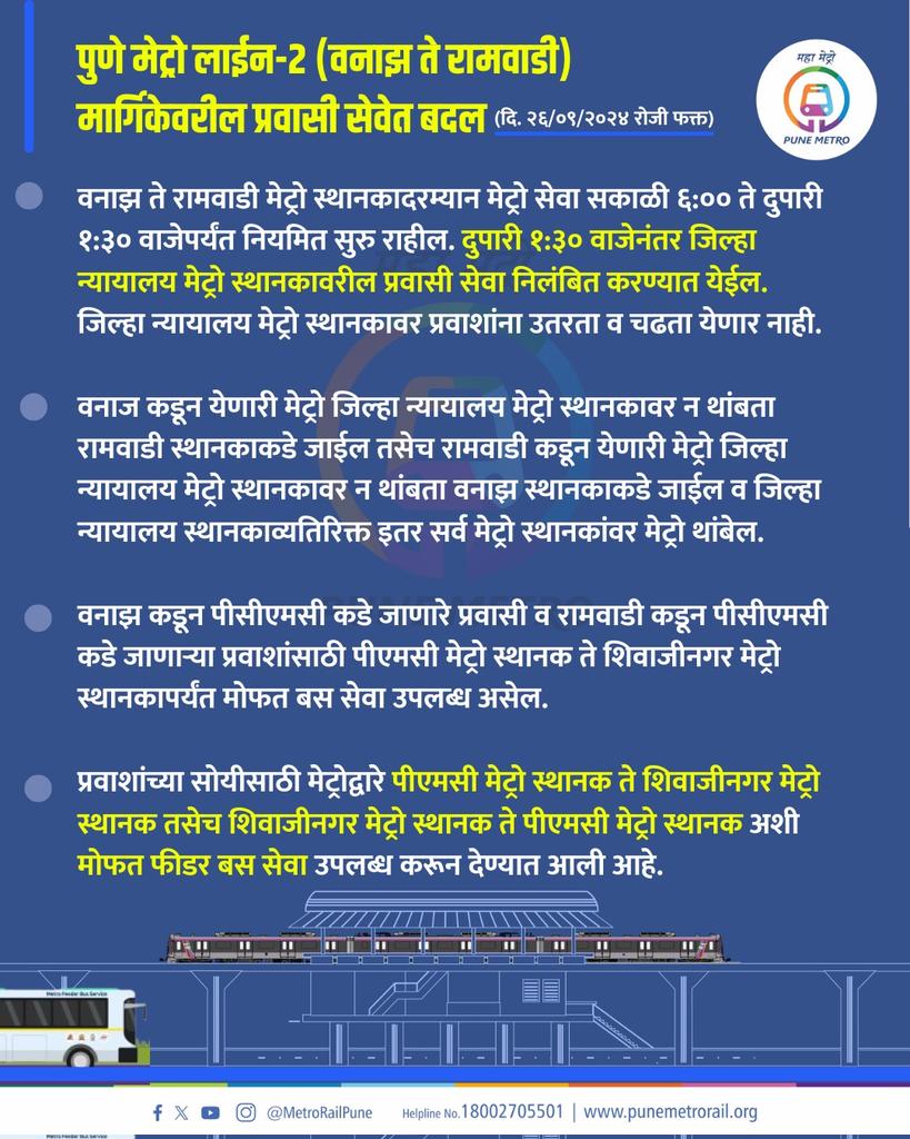 metrorailpune's tweet image. पुणे मेट्रो प्रवाशांसाठी महत्त्वाची सूचना (केवळ १ दिवसासाठी)
Important Notice for Pune Metro Passengers (For One Day Only)

#ImportantNotice #MetroPassengers #FreeShuttleService #InaugurationDay #DistrictCourtToSwargate #MetroRouteChange #ValidTicketHolders