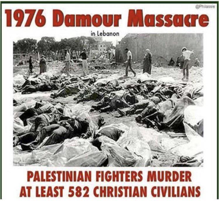 realMaalouf's tweet photo. Just one of the many massacres committed against Lebanese Christians by Islamists. This is how Lebanon became a ‘Muslim country’.

It was an apocalypse, said a priest who survived the massacre. 

“They were coming in thousands, shouting ‘Allahu Akbar! Let us attack them for the Arabs, let us offer a holocaust to Mohammad’, 

they were slaughtering everyone, men, women and children.”