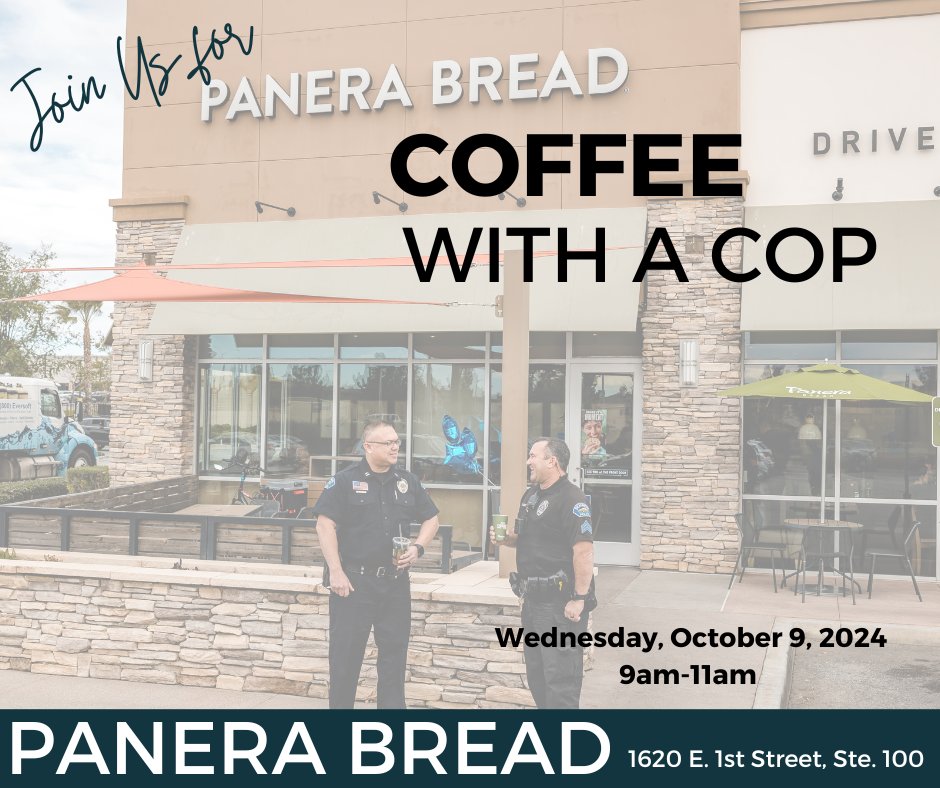 BeaumontCA_PD's tweet photo. ☕️Join Us in 2 weeks for Coffee with a Cop!

Start your day with a cup of coffee and conversation! We're hosting Coffee with a Cop on Weds, Oct 9th, from 9-11AM at Panera Bread, located at 1620 E. 1st St.
Come by and enjoy a coffee on us!

#CoffeeWithACop #CommitmenttoCommunity https://t.co/hXqV1EYUpM