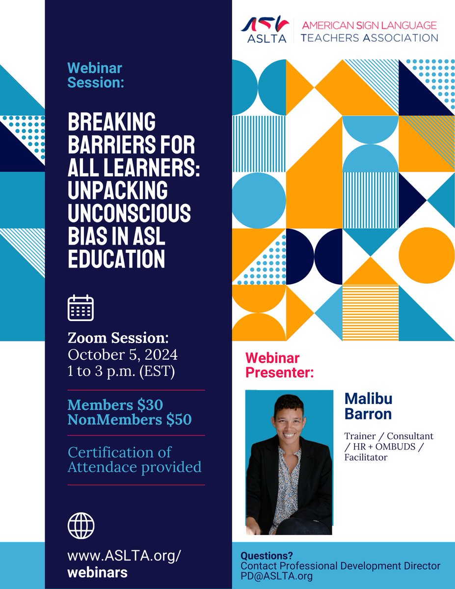 NationalASLTA's tweet photo. Join us for an enlightening webinar on breaking barriers for all learners in ASL education! We are thrilled to host Malibu Barron, an expert in unpacking unconscious bias, who will share valuable insights and strategies for creating a truly inclusive learning environment. https://t.co/aLiNaeV6WL