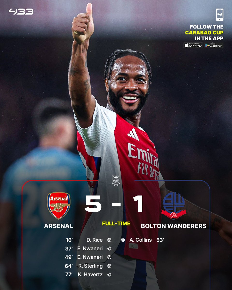 433's tweet photo. Arsenal hit 🖐️ against Bolton as Nwaneri excels and Sterling scores first goal 🔫 https://t.co/RCULNxVCav