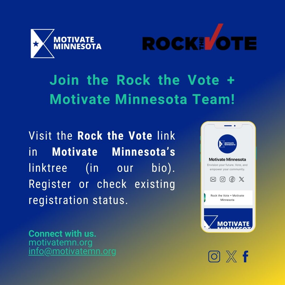 MotivateMN's tweet photo. Have you heard early voting has started? Join @RocktheVote and @MotivateMN to spread the word to your family and friends! Use the link in our bio to sign up and receive up to $250 for your time. https://t.co/QJQjgVLESQ