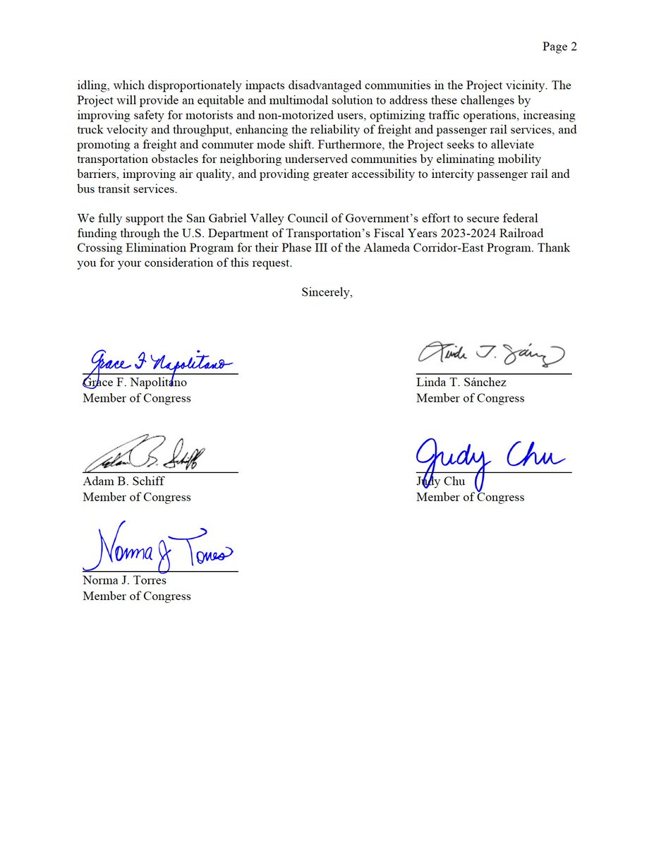 Making streets safer for SGV residents has been a major focus of mine in Congress. Thx to <a href="/RepJudyChu/">Judy Chu</a> <a href="/RepLindaSanchez/">Rep. Linda Sánchez</a> <a href="/NormaJTorres/">Rep. Norma Torres</a> &amp; @RepAdamSchiff for supporting <a href="/SGVCOG/">San Gabriel Valley COG</a>’s application to <a href="/USDOT/">U.S. Department of Transportation</a>’s Railroad Crossing Elimination Program for the next phase of the <a href="/ACEsgv/">Alameda Corridor-East Project</a> project!