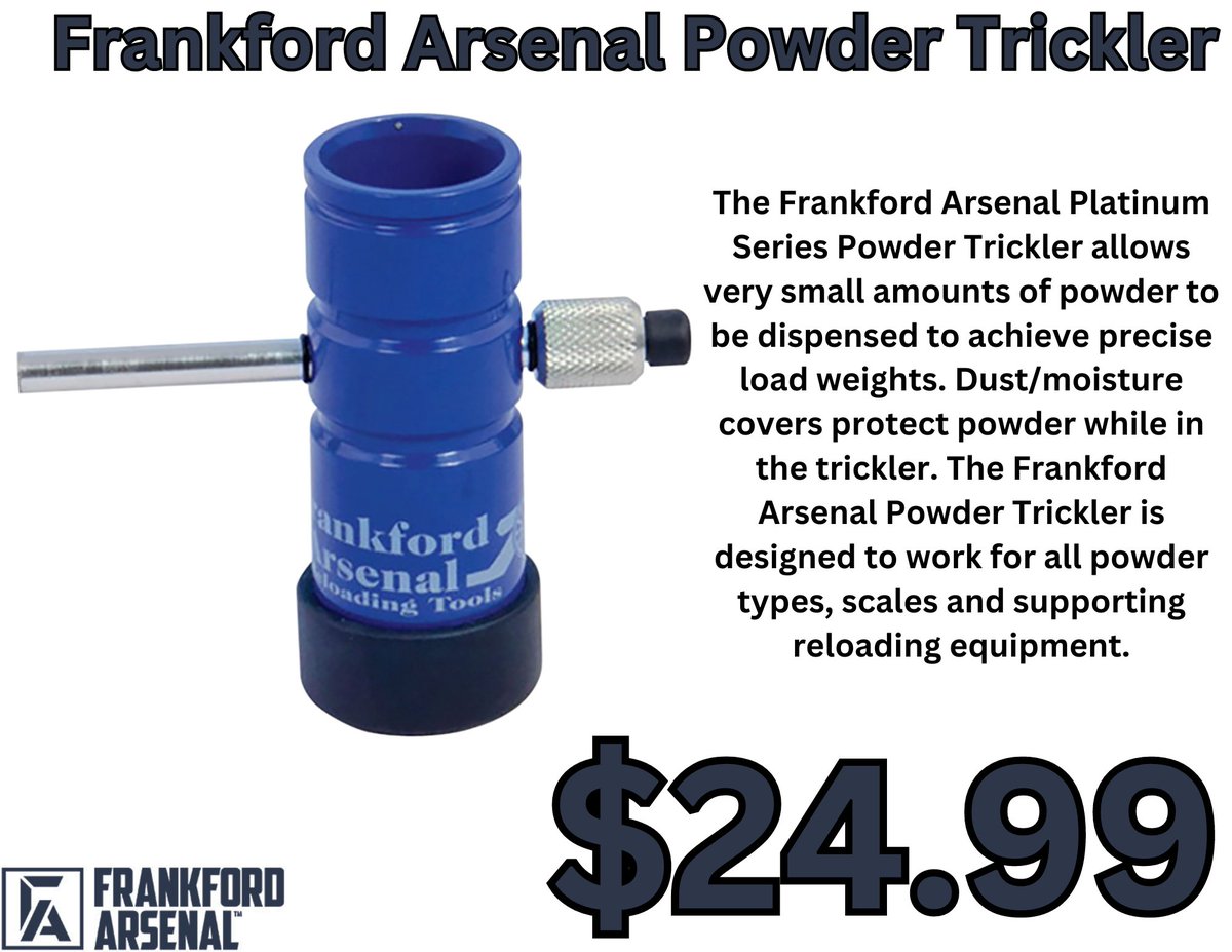 LivingstonGuns's tweet image. Control every grain with the Frankford Arsenal Platinum Powder Trickler! 🌟 Heavy, sturdy, and precise for all powder types. Just $24.99! 🎯 #ReloadingGear  #FrankfordArsenal #TheGunShop #LivingstonTN
