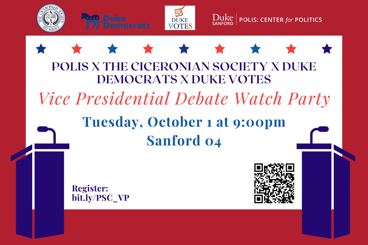 Join POLIS, Duke Votes, and the Duke Democrats on October 1st to watch the Vice-Presidential Debate! Starting at 9:00 pm at Sanford 04, we will have food, BINGO, and fun! Please register so we may accurately gauge food needs. Link in bio.