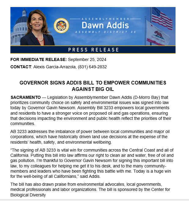 AsmDawnAddis's tweet photo. SIGNED INTO LAW ✅Thank you @CAgovernor for signing #AB3233! This is a major victory for our communities and meeting CA's goals for a cleaner and safer future. Grateful to my legislative colleagues and countless advocates who got this bill across the finish line. #caleg https://t.co/nbjlWzzYBF
