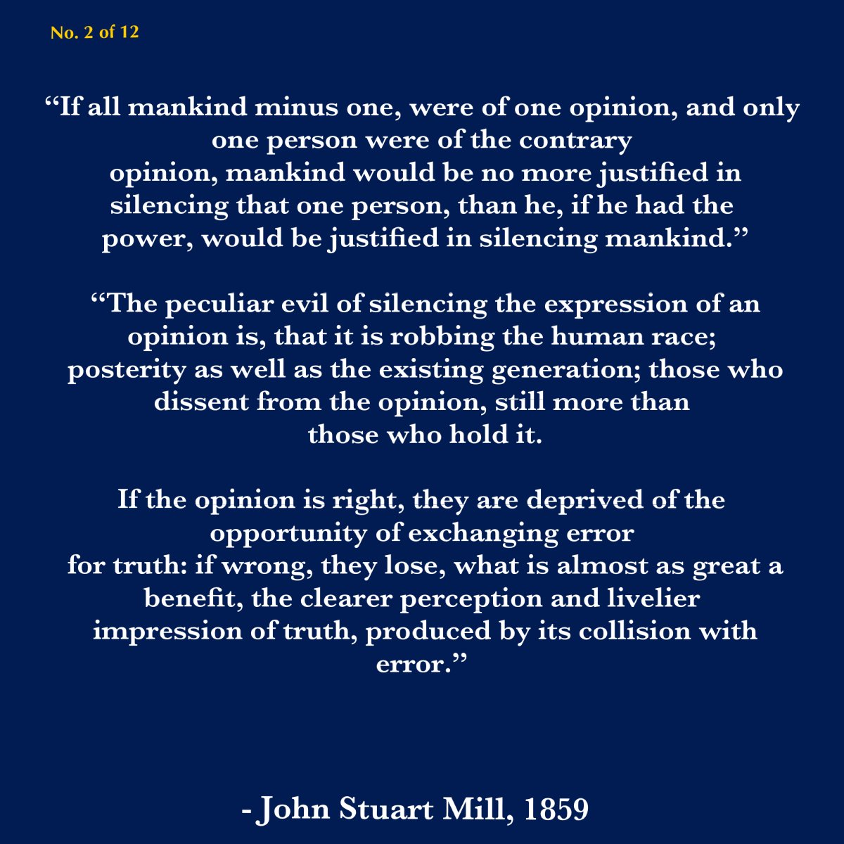 craigkellyAFEE's tweet photo. With 2 days until the Sydney rally against the Misinformation & Disinformation (MAD) Bill, here’s my No.2 of the top 12 historical quotes on Freedom of Speech. 

It comes from John Stuart Mills book On Liberty first published in 1859, and if I was the Education Minister, it would part of the nation curriculum and compulsory reading for every high school student.   

https://t.co/YzktywcmSs

https://t.co/6yX51ADX3p

John Stuart Mill calls it right - as the MAD bill seeks to "silence the expression of opinions" - it should be defined as a "peculiar evil that seeks to rob the human race".