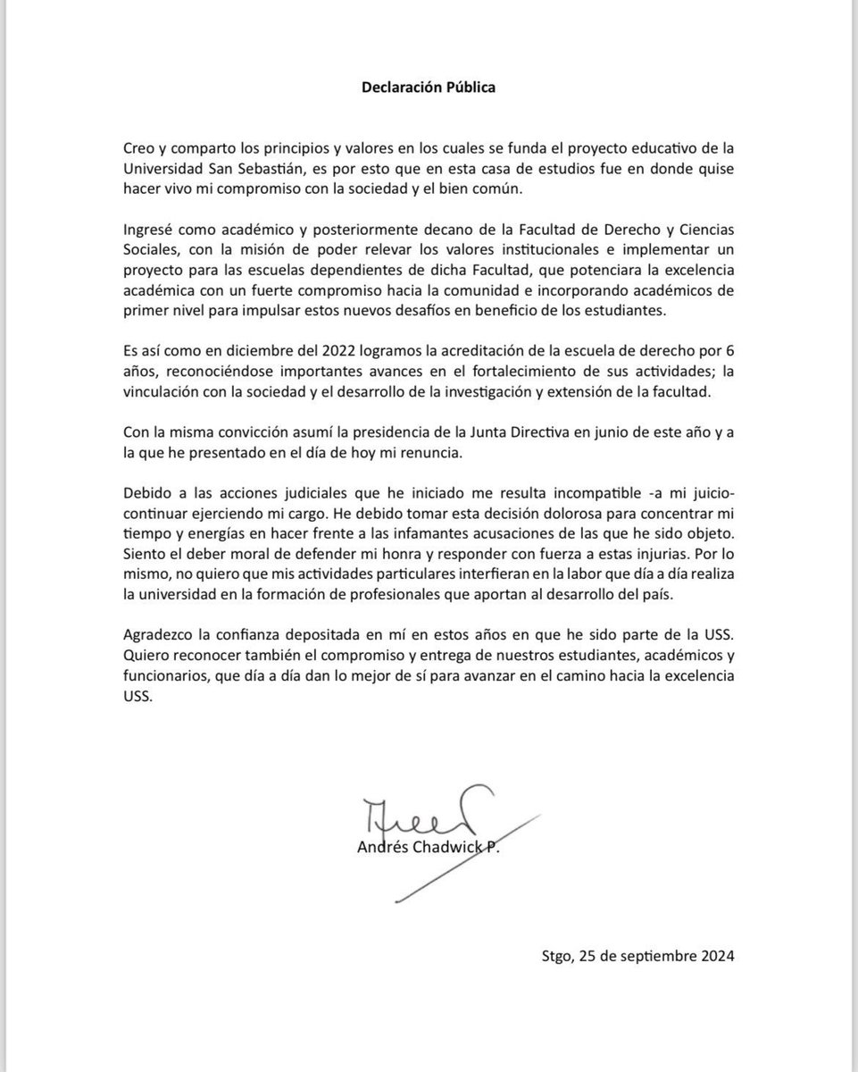Después de sucesivos escándalos que se fueron conociendo progresivamente (Manuel Guerra, Ward, Marcela Cubillos y otros) finalmente Andrés Chadwick renuncia a la Universidad San Sebastián. Que las investigaciones continúen sobre todas las irregularidades descubiertas.