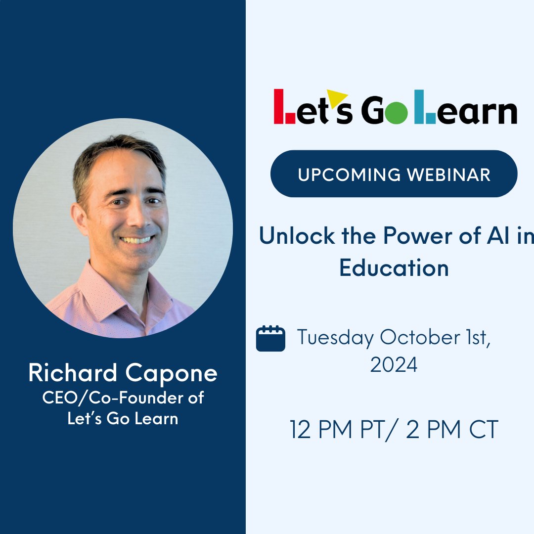 letsgolearn's tweet photo. 🚨 AI in Education Webinar! 🚨

Join Let's Go Learn's FREE 30-min session on Oct 1st at 12 PM PT / 2 PM CT. Learn AI basics, debunk myths, craft effective prompts, &amp; safely implement AI in schools! 🚀
https://t.co/KsPJSXSjdn

#AIinEducation #EdTech #TeacherTools #LetsGoLearn https://t.co/yemxSjBSe3