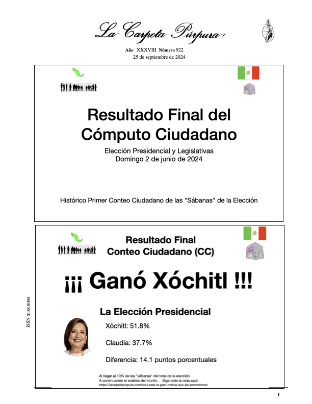Les compartimos la primicia de La Carpeta Púrpura 922 pueden compartirla con quien quieran (este número gratuito va por México). Aquí viene la demostración del fraude en la elección presidencial

lacarpetapurpura.com/wp-content/upl…