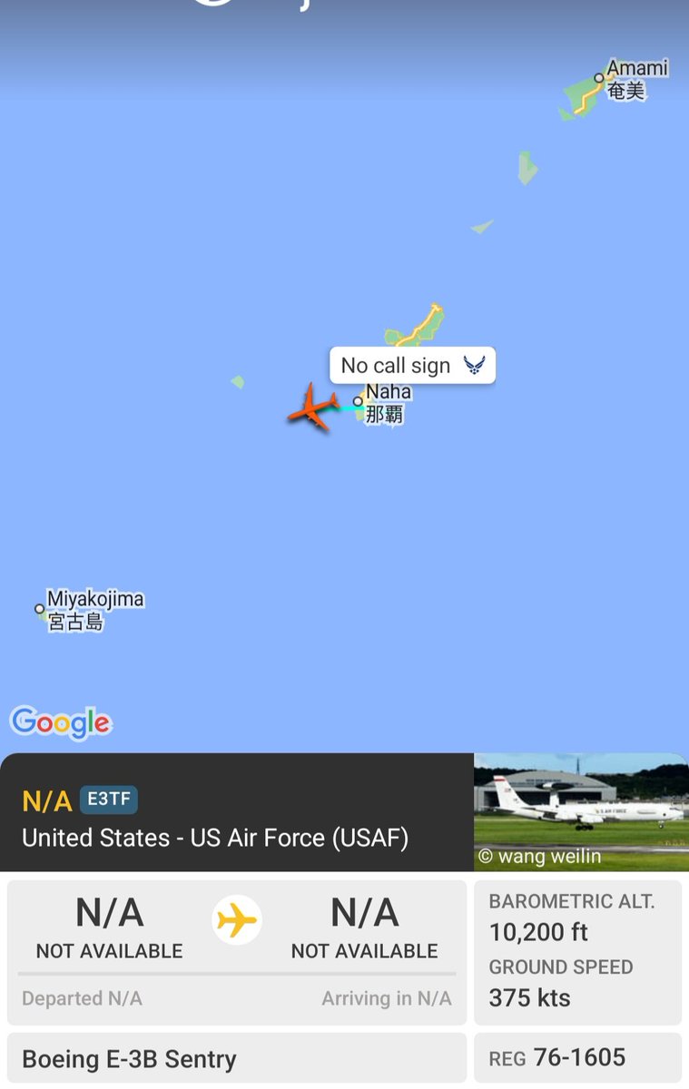 Oceanworldfree's tweet image. AE11DC 76-1605 toward the southernmost #Ryukyu Islands

Boeing E-3G Sentry
