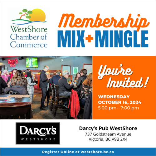 Join us on Weds, Oct 16, 2024 5-7pm to celebrate #SmallBusinessMonth! This event is a great way to connect with the WestShore Chamber community in a format that is more informal than our standard mixers. No speeches! 🎟️Register here! lnkd.in/g_nQ-vdf #networking #yyjevents