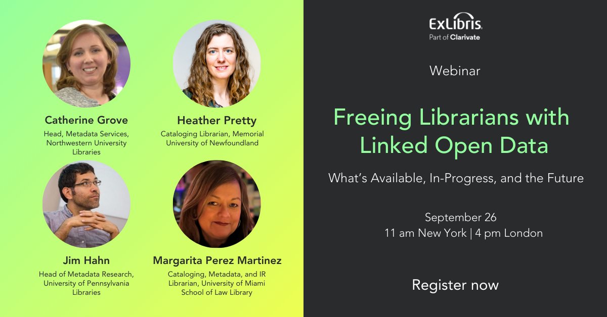 Clarivate's tweet image. Don't miss out! Join us September 26 for a close look at #LinkedOpenData and how it benefits libraries. Save your spot now and discover how to upgrade your library operations. Register here: discover.clarivate.com/Linked_Open_Da…  #HigherEd #LinkedOpenData #LibraryExperience #LibraryTrends