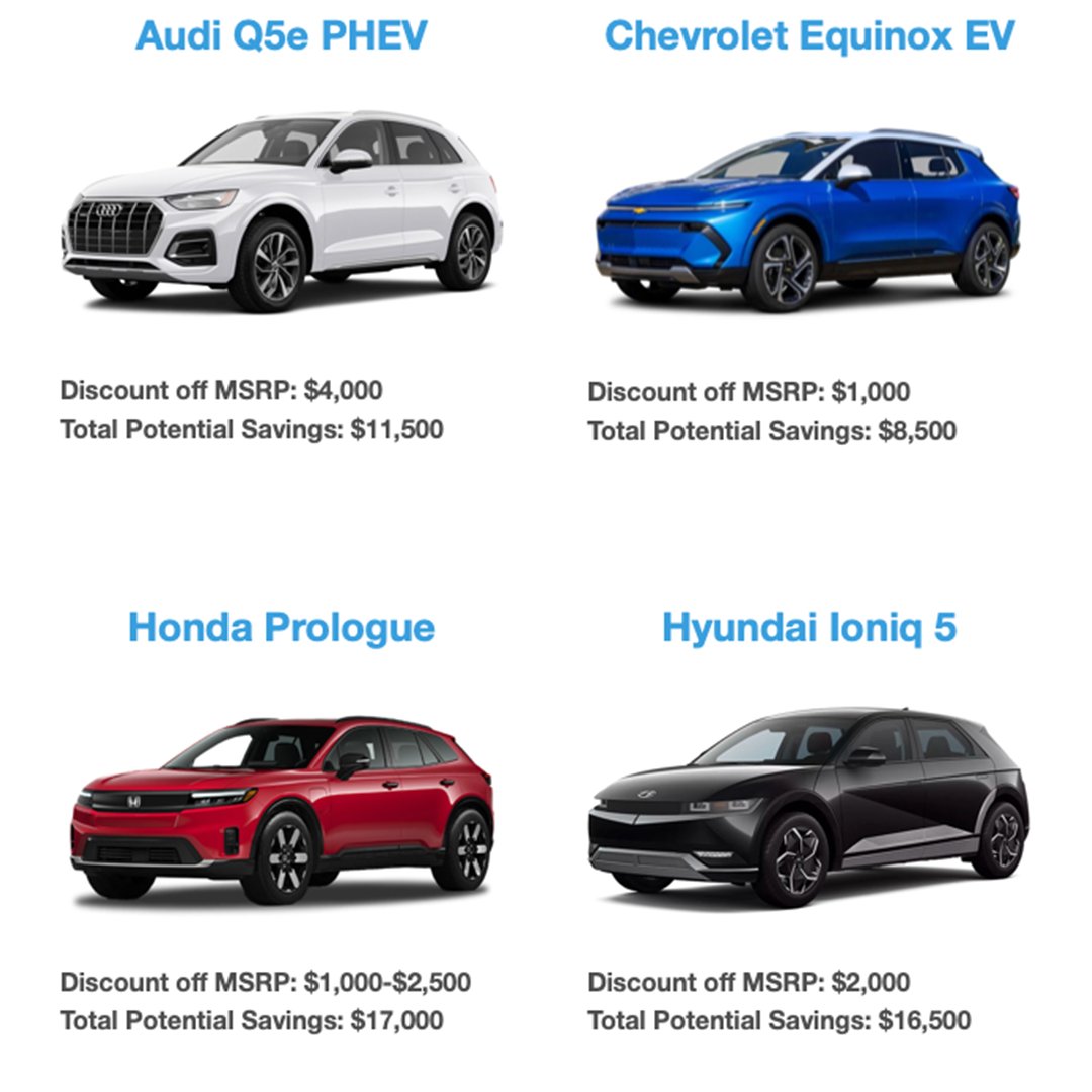 As a nonprofit, we make green driving easier and more affordable. 
Alongside Cartelligent, we offer exclusive savings on 4 popular 2024 EVs: Audi, Chevy, Honda, and Hyundai. 
Sign up now with no obligation — but hurry!
Supplies are limited.
ow.ly/AWWc50TvK2Y