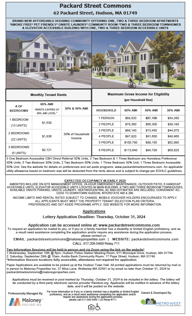 Applications are now being accepted for Packard Street Commons! This Saturday September 28th is the next information session to discuss the new Metro West CD affordable property in Hudson MA. More info here 👉packardstreetcommons.com/join-our-commu…