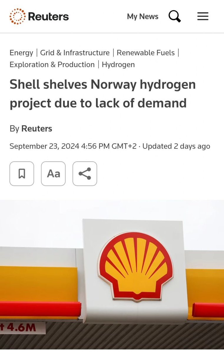 alex_avoigt's tweet photo. Shell stopped its 🇩🇪 German Hydrogen Project

Following Norway's Equinor, Shell has now also canceled its H2 plans to supply Germany with hydrogen produced from natural gas. Reason: uneconomical, no market, no prospects. This puts an end to the plans to use hydrogen as an electricity storage medium.

Jan Soppeland, Communications Director at Shell, told the Norwegian newspaper Energi og Klima that the company has shelved its plans to produce up to 450,000 tonnes of blue hydrogen per year in Norway by 2030. 

It is not cost-effective to continue with the project. There is no market for blue hydrogen and there are no signs that the market is on its way to maturity. Green hydrogen is clearly favoured, says Soppeland. However, the demand from industrial customers for green hydrogen is too low. 

"We haven't seen the market for blue hydrogen materialise and decided not to progress the project," said a spokesperson for Shell in Norway.

Hydrogen as an energy source is just as stupid an idea as using hydrogen for transport. There are very few sensible applications for green hydrogen, such as in steel or glass production.  https://t.co/vYvNCEhuoZ