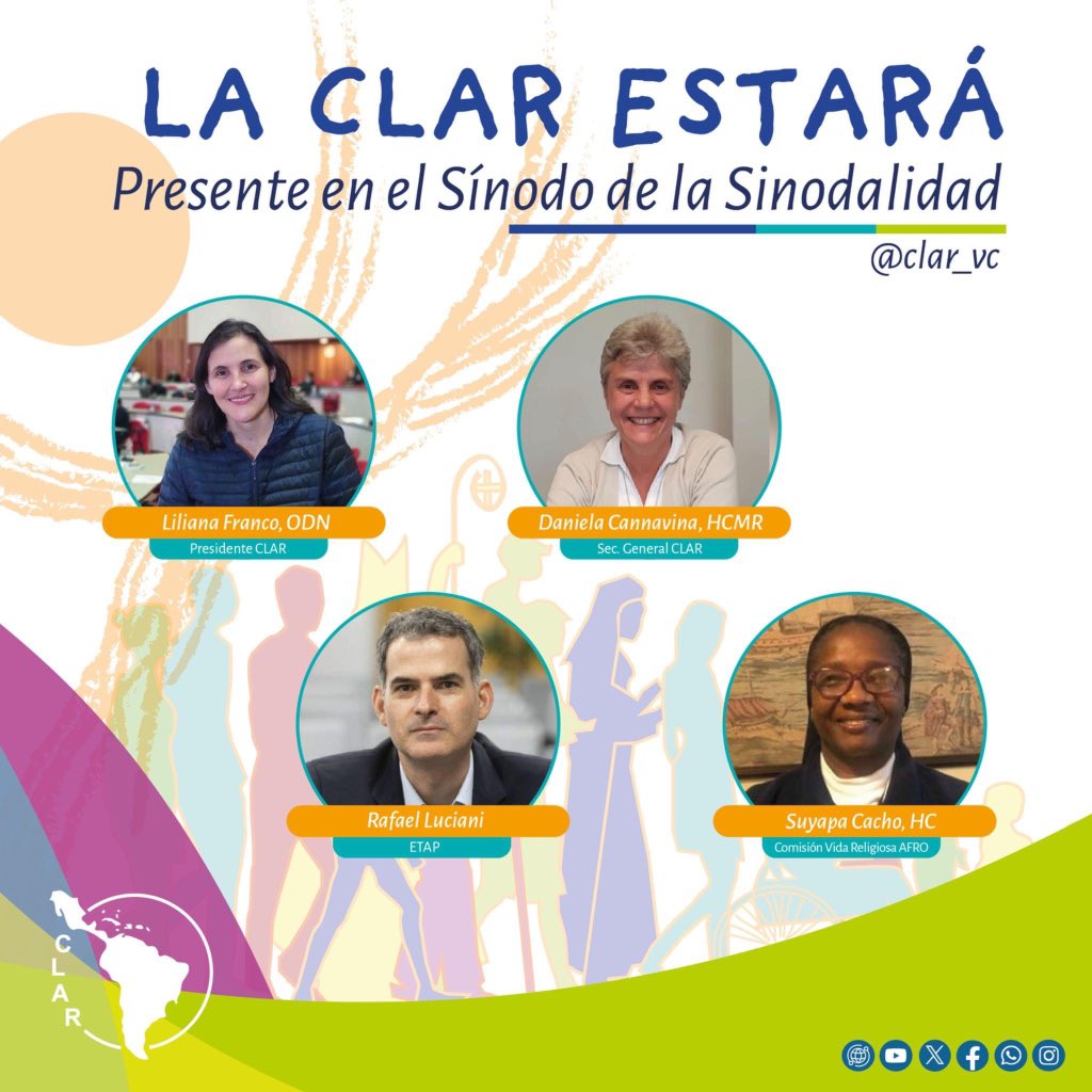 Estarán participando la Hna. Liliana Franco, ODN (Presidente), Hna. Daniela Cannavina, HCMR (Secretaria General), Sor Suyapa Cacho, HC (Comisión Vida Religiosa Afro), y Rafael Luciani (Equipo de Teólogas/os).