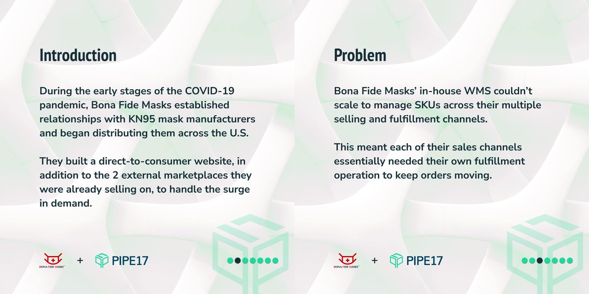 Pipe17inc's tweet image. 👇 How @BonaFideMasks Streamlines Their Order Management and Fulfillment Processes With Pipe17

#Ecommerce #OrderOperations #OrderAutomation #Efficiency #OrderManagement #OMS #DTC #Fulfillment #OrderRouting #InventoryManagement #ProductBundles #SKUs #Pipe17