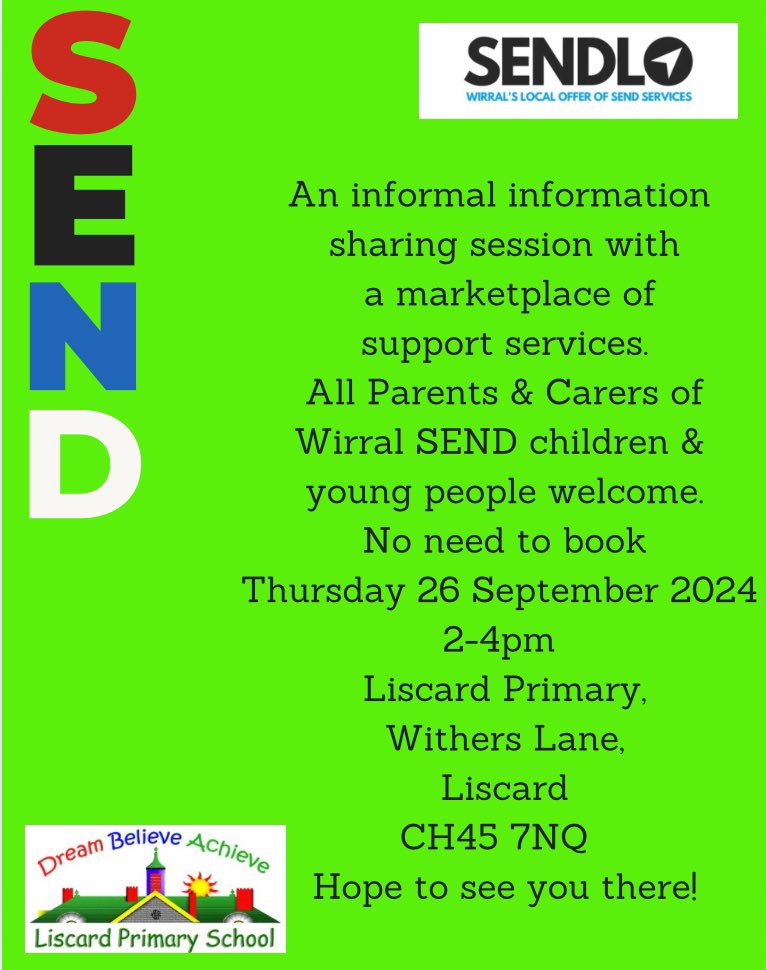 Reminder - May see you there? Over 15 SEND services will be there to offer advice and support. <a href="/wirralmums/">Wirral Mums</a> <a href="/autism_together/">Autism Together</a> @TPositivitree <a href="/KoalaNorthWest/">KoalaNorthWest</a> <a href="/TheHiveYZ/">The Hive - Wirral Youth Zone</a> <a href="/resilient_nw/">Resilient NW CIC</a> @_FamilyToolbox_ <a href="/cbukhelp/">Child Bereavement UK</a> <a href="/Healthwatchwirr/">Healthwatch Wirral</a>