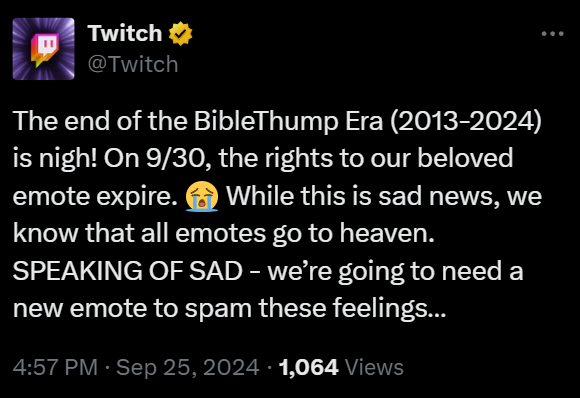 zachbussey's tweet photo. Twitch is removing BibleThump.

#TwitchNews #TOSgg https://t.co/5QlXxdBbHe