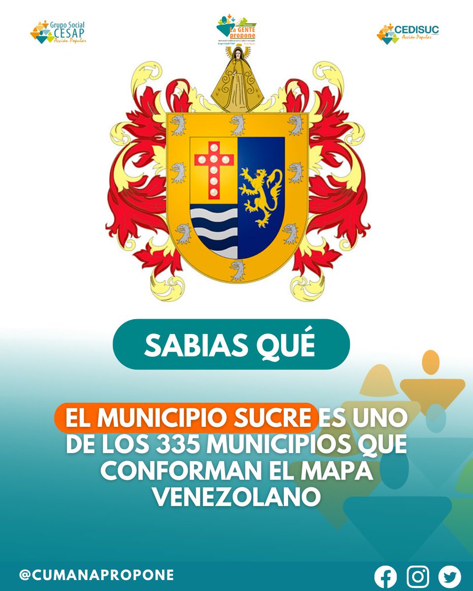 cumanapropone's tweet photo. #26Sep | El municipio Sucre es uno de los 335 municipios del país.

Cumaná fue la primera ciudad fundada por los españoles en tierra firme del continente americano; también es cuna del Mariscal Antonio José de Sucre.

#LaGenteProponeCumaná #Sucre #Cumaná #LaGentePropone https://t.co/li2Ub5sYcn