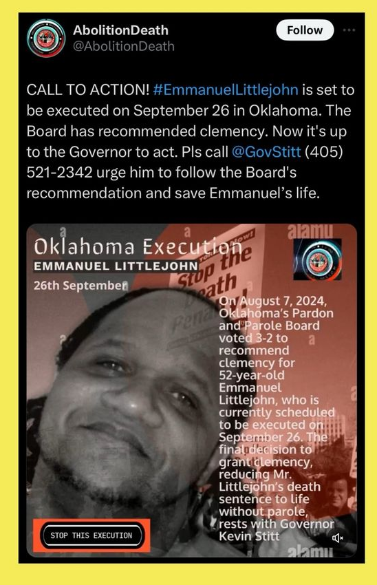 lilmenace222's tweet photo. Tomorrow another person is about to be murdered by the state. Message @GovStitt and let him know this is unacceptable. #emman https://t.co/SUeyUIjfUl