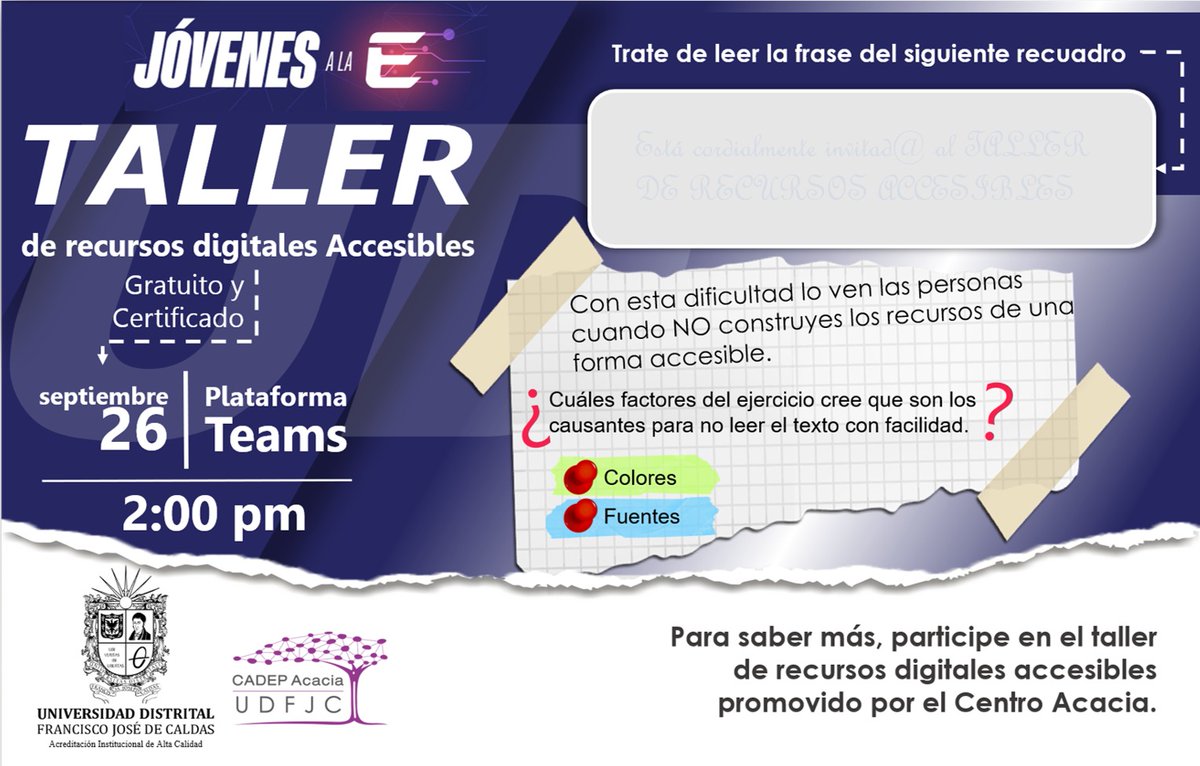 Te recordamos que el *Taller de recursos digitales accesibles"* para los beneficiarios/as de Jóvenes a la E se desarrollará el próximo 26 de septiembre.
¡No te lo pierdas! 📷