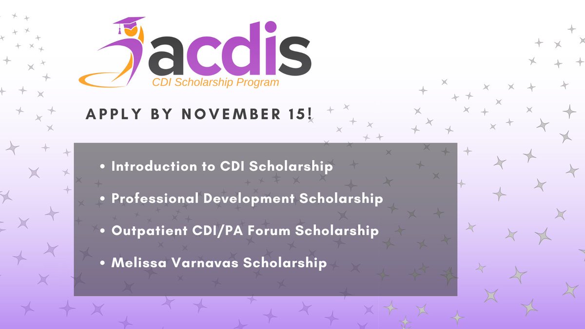 Applications for the #ACDIS #CDI Scholarship Program is open until Friday, November 15! Learn more about the four different scholarships you can apply for here: hubs.la/Q02R8YQ50